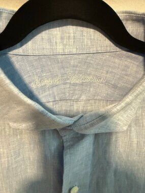 Signature Collection Men's Light Blue Linen-Look Long Sleeve Button Down Shirt